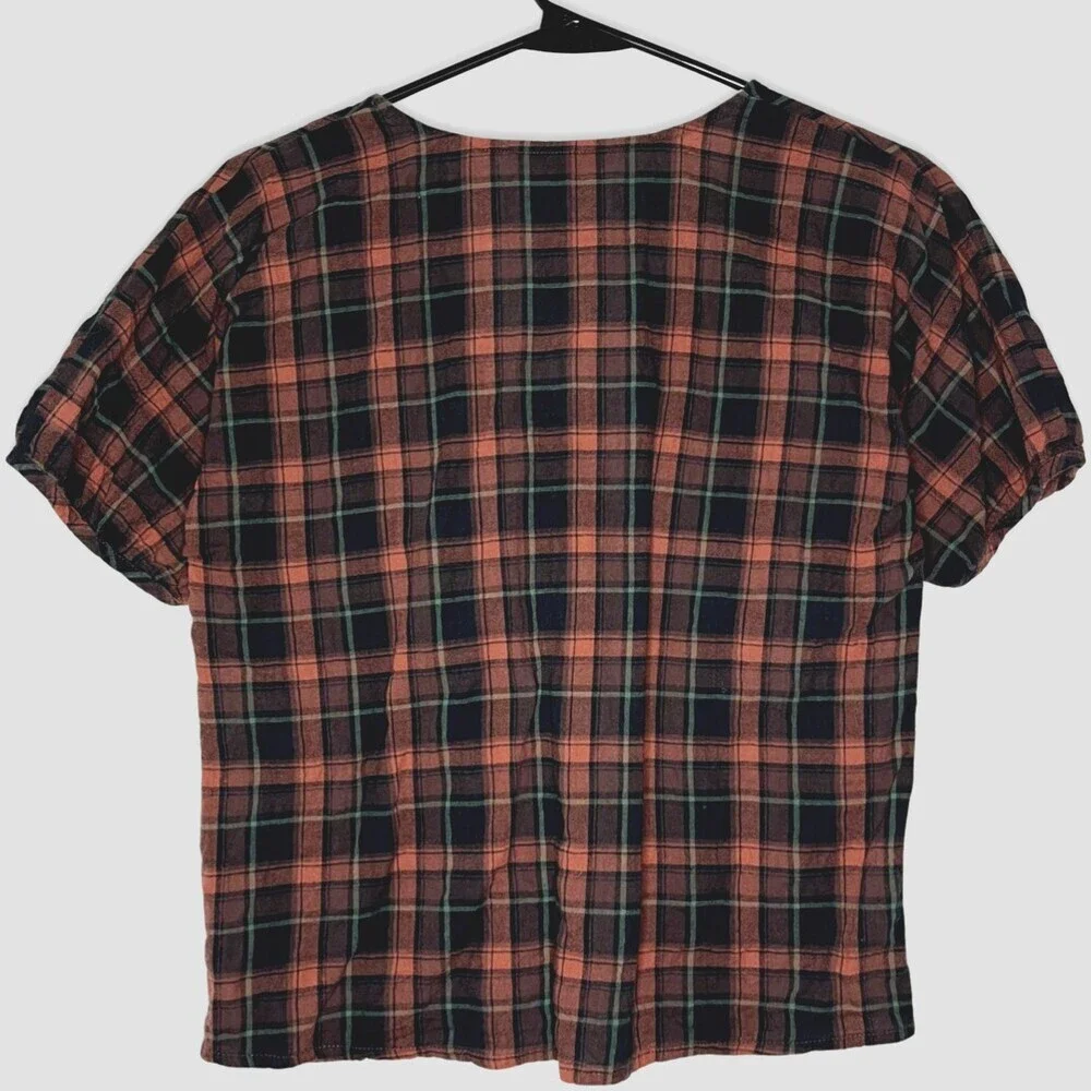 Madewell Womens Shirt XS Pink Plaid Cotton Short Puff Sleeve Gathered V-Neck
